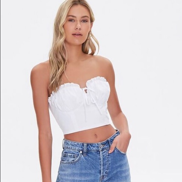 Crop Top Femme Avec Franges - FB Sister - Taille XS - Coton Et Viscose - Blanc Imprimé Bleu Marine